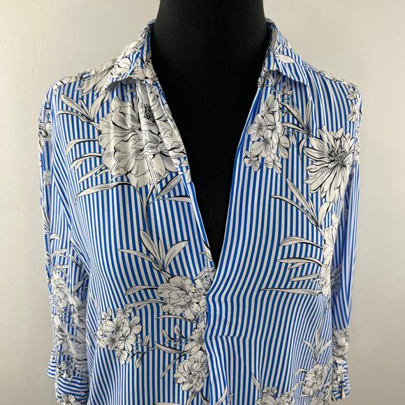 ZARA Blue White S Blouse Striped Floral 3/4 Sleeve Button Up Collar Regular Fit - Picture 2 of 7